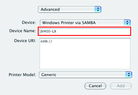 Image showing the device name entered on the Advanced settings for the printer browser