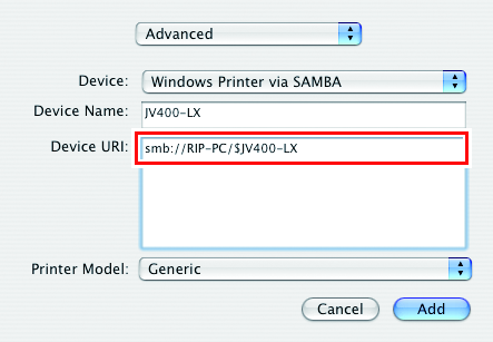 Printer browser screen showing the device URI address entered