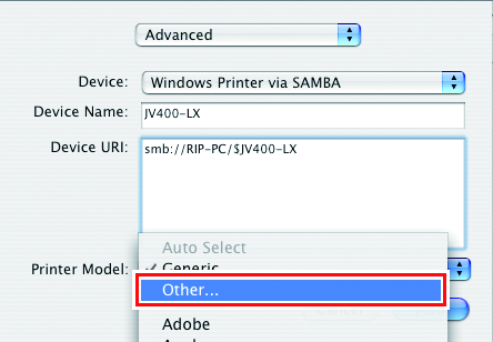 Printer browser screen showing the Printer Model menu