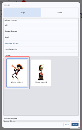 Template thumbnail selection screen